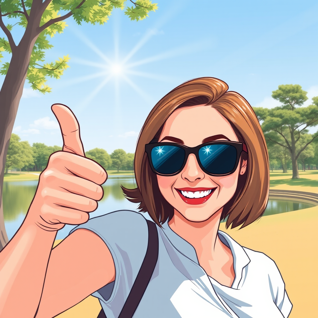 Create an illustration of a smiling woman with shoulder-length hair wearing sunglasses, giving thumbs up in a park setting with a lake and trees in the background, use vibrant colors, emphasize sun rays in the sky, shot with a Canon EOS R5, 35mm lens, f/1.8 aperture, with a bright and cheerful atmosphere.