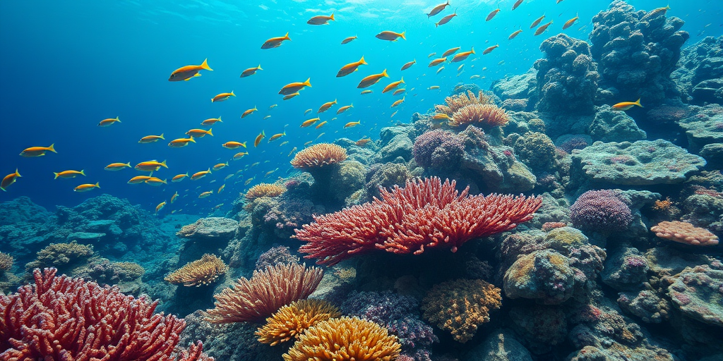Photorealistic underwater scene wrap-around leg sleeve, coral reef teeming with tropical fish, rich blues and vibrant coral hues