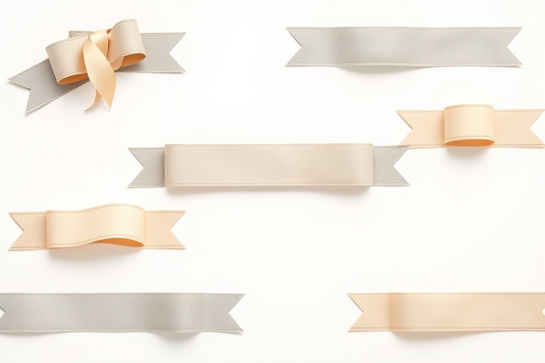 Create a high-resolution vector design of various ribbon banners in shades of beige and gray on a light neutral background, utilizing a Canon EOS 5D Mark IV with a 50mm lens at f/2.8, ISO 100, in natural soft light with a flat lay composition to enhance clarity and detail.