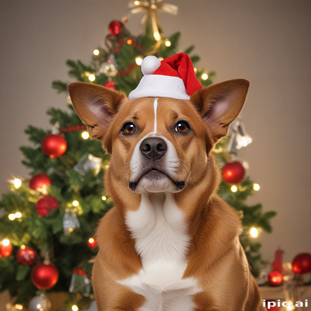 Adorable Dog in Santa Hat Posing Cheerfully by Christmas Tree