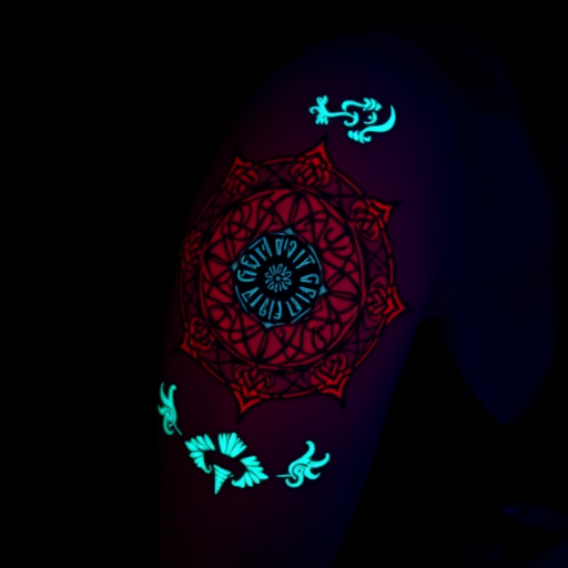 Glow-in-the-dark tattoo titled "Luminous Secrets" featuring intricate patterns or symbols that are invisible in daylight but illuminate under UV light, creating a magical and interactive experience