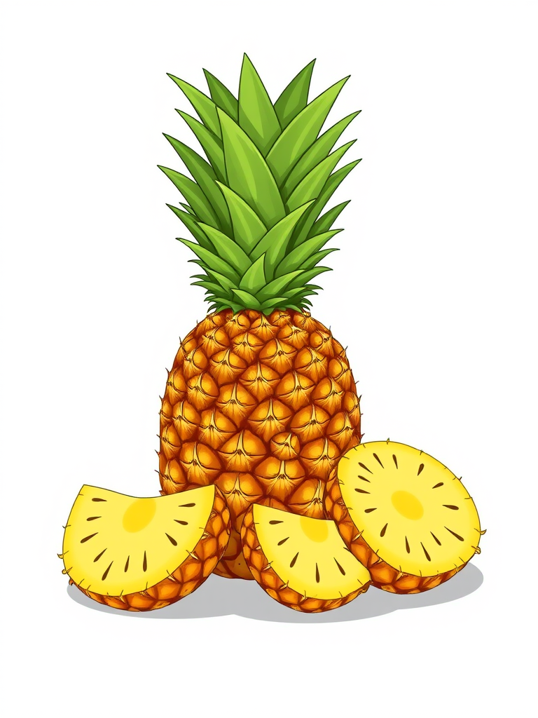 generate an illustration of a whole pineapple along with three sliced pieces, showcasing its vibrant yellow color and spiky green leaves