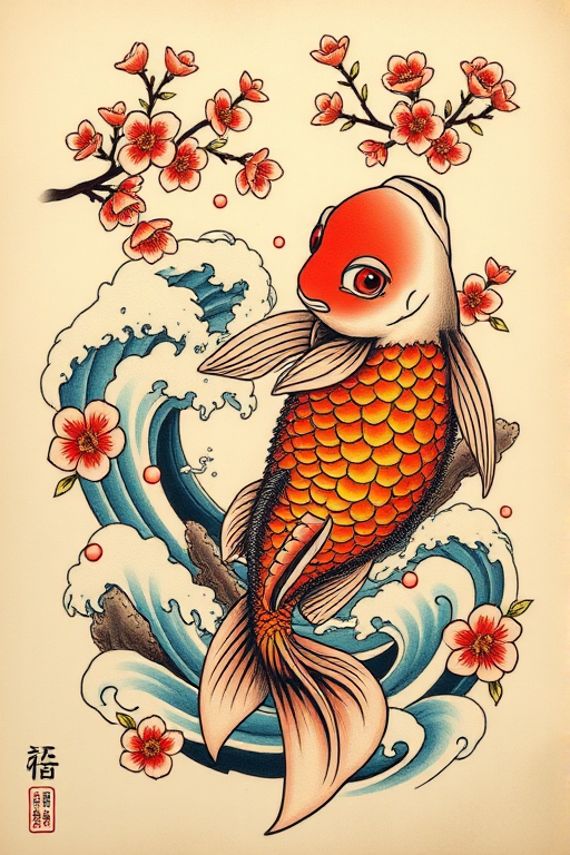 Traditional Japanese irezumi tattoo named "Koi Ascension" featuring a large, colorful koi fish swimming upstream through swirling waves and cherry blossoms, symbolizing perseverance and transformation in a bold and timeless style