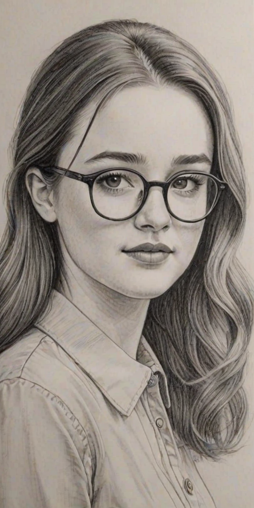 Appealing Kaitlyn Dever, pencil sketch, portrait of Wonderful woman 1952s in glasses, hair style beatnik, outline, clear lines, fine lines, 8k