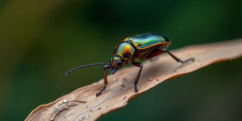 macro shot of a shiny beetle perched on a dried leaf with a blurred background f/2.8, 1/200s, ISO 100, 50mm lens, natural light, shallow depth of field, close-up perspective