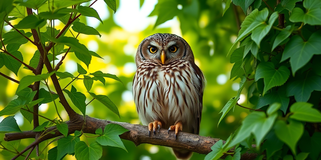 Capture a close-up shot of a tawny owl perched on a branch, surrounded by lush green ivy with soft natural lighting, using a DSLR camera at ISO 200, f/4 aperture, 1/200 sec shutter speed, and a 50mm lens to emphasize texture and detail.