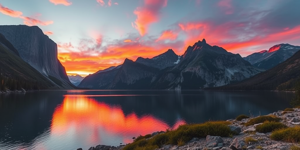 Create a vivid landscape scene of a serene lake surrounded by tall mountains at sunset with rich colors reflecting on the water, captured with a Canon EOS R5, 35mm lens, f/8 aperture, ISO 100, 1/125 sec, using a wide-angle perspective for depth and clarity.