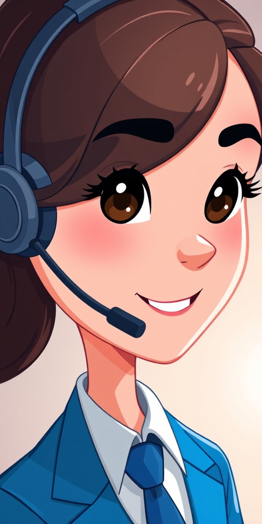 Create an illustration of a cartoon-style customer service representative with a headset, wearing a blue suit and tie, high-resolution, 50mm lens, aperture f/2.8, soft lighting, top-down view, digital painting style.