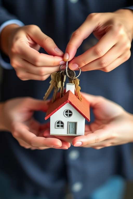 Create an image of multiple hands exchanging keys and a small house model, shallow depth of field, 50mm lens at f/2.8, ISO 100, natural lighting, focus on the house and keys, vibrant colors for clarity.