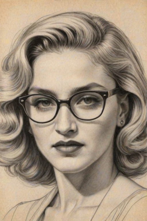 Magnificent Madonna, pencil sketch, portrait of Appealing woman 1939s in glasses, hair style beatnik, outline, clear lines, fine lines, 8k