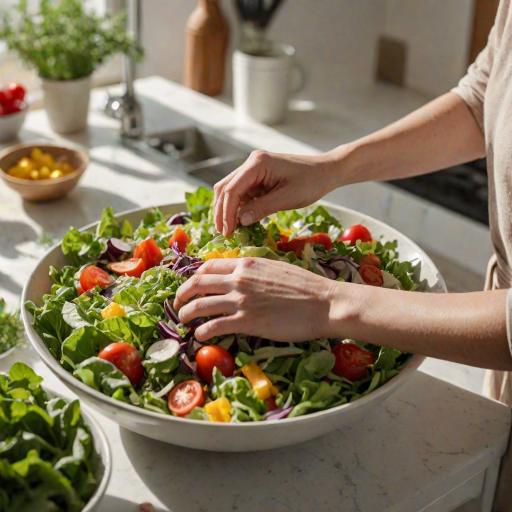 Close-up of a woman’s hands preparing a fresh salad, surrounded by colorful vegetables and herbs, with sunlight streaming through the kitchen window, creating a healthy and inviting culinary scene.