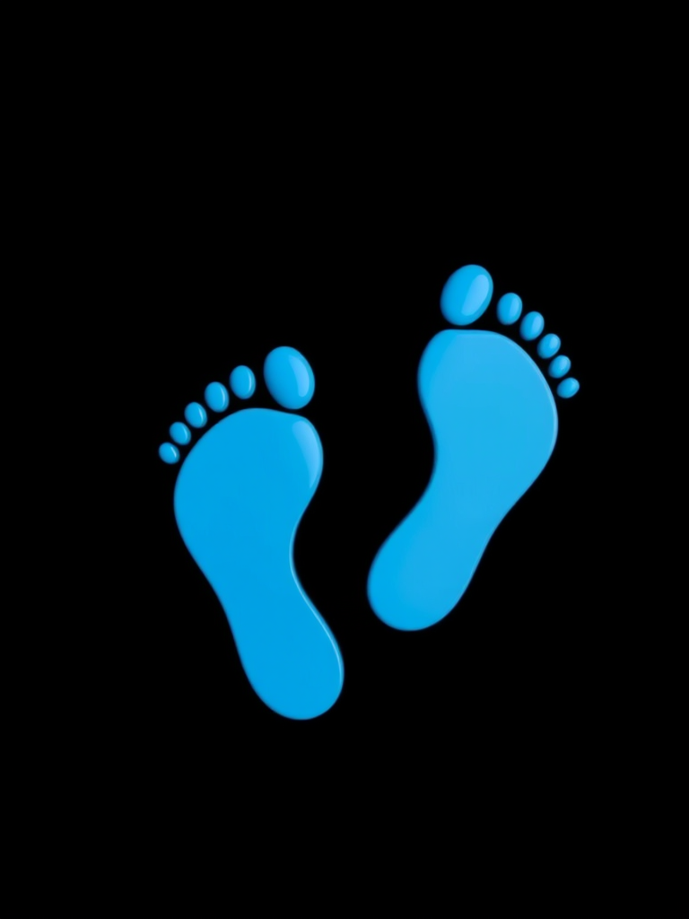 Create an image of two cartoon-like blue footprints on a black background, using a 50mm lens, f/2.8 aperture, ISO 100, shot from a top-down view with a digital camera in vibrant colors for clarity and sharpness.