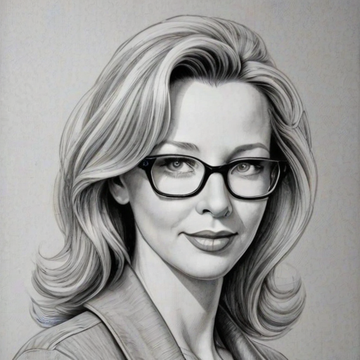Bewitching Lisa Kudrow, pencil sketch, portrait of Fascinating woman 1952s in glasses, hair style beatnik, outline, clear lines, fine lines, 8k