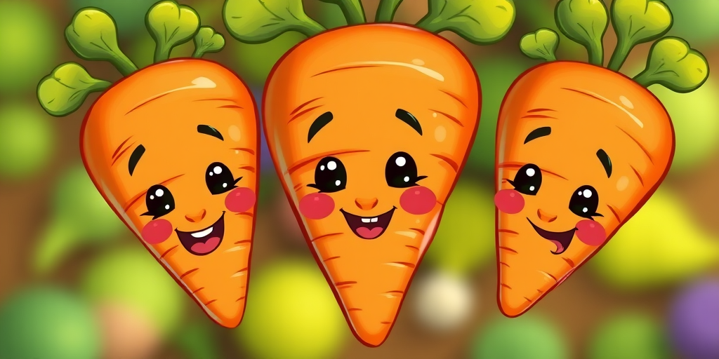 create a vibrant and playful illustration of three cartoon carrots with expressive faces and leafy tops, use a soft focus effect, aperture f/4, shutter speed 1/100s, ISO 200, taken from a slightly angled top-down view, using a digital illustration style