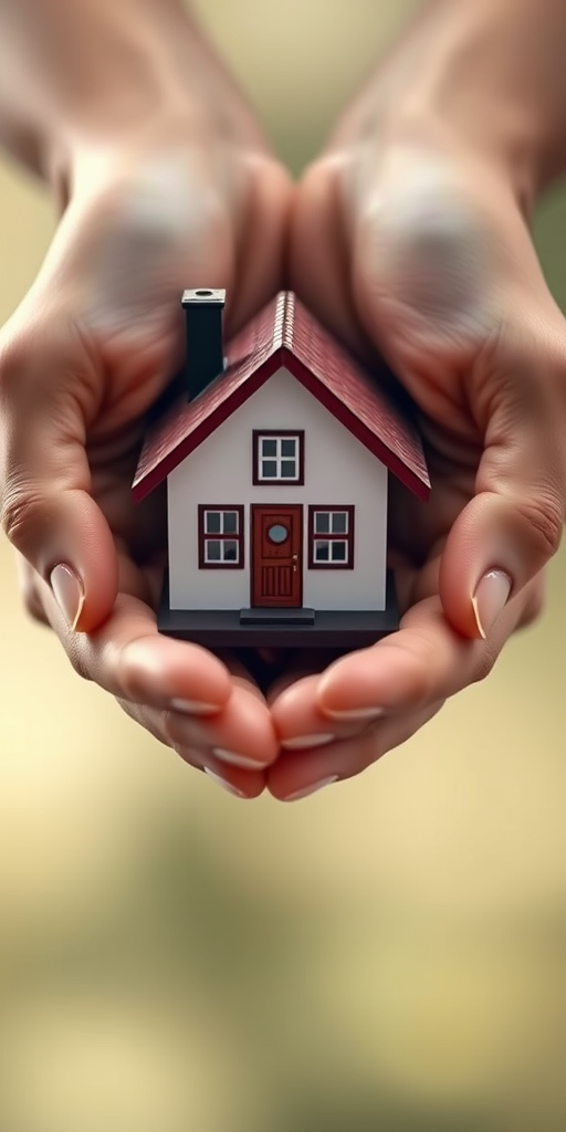 Create an image of a small house being cradled between two hands with a soft gradient background, captured with a DSLR camera using a 50mm lens at f/2.8, ISO 100, with a slight bokeh effect, focusing on the hands and house in sharp detail.