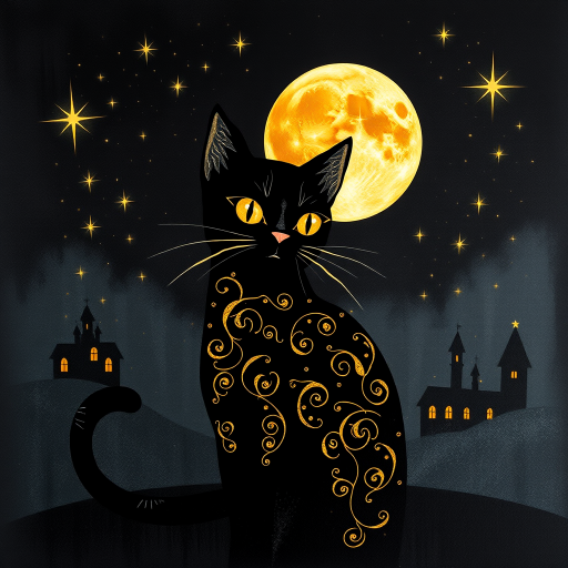 a stylized black cat with iridescent golden arabesques all over its body, on a grungy smoky black background with matching celestial designs, a full moon with silhouettes of lit houses, bright shooting stars, dazzling, magical BG, reminiscent of Christmas wonderland