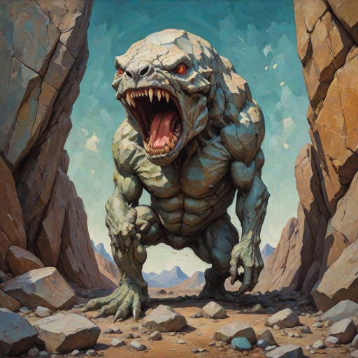 A detailed and anatomically presented mr stone-eater stands and bites into a huge boulder. surreal abstract art, grunge oil colors on canvas, textured background