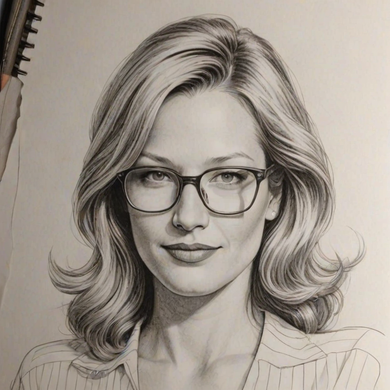 Dazzling Joey Lauren Adams, pencil sketch, portrait of Dazzling woman 1973s in glasses, hair style beatnik, outline, clear lines, fine lines, 8k