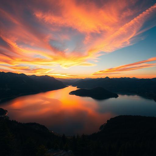 A vibrant sunset over a serene lake surrounded by mountains, captured with a Canon EOS R5, 50mm lens, f/1.8 aperture, ISO 100, 1/200s exposure, in a wide angle view to enhance depth and detail.