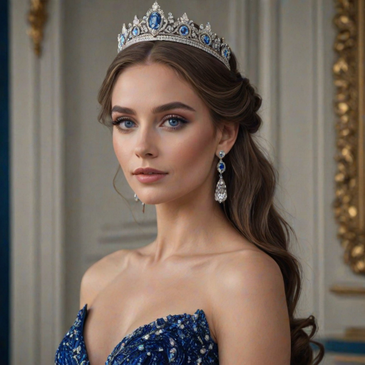 A gorgeous woman in a luxurious blue gown, accessorized with a dazzling tiara and statement earrings, her deep blue eyes highlighted by impeccable makeup, poised in a royal setting, photorealistic, 8K quality
