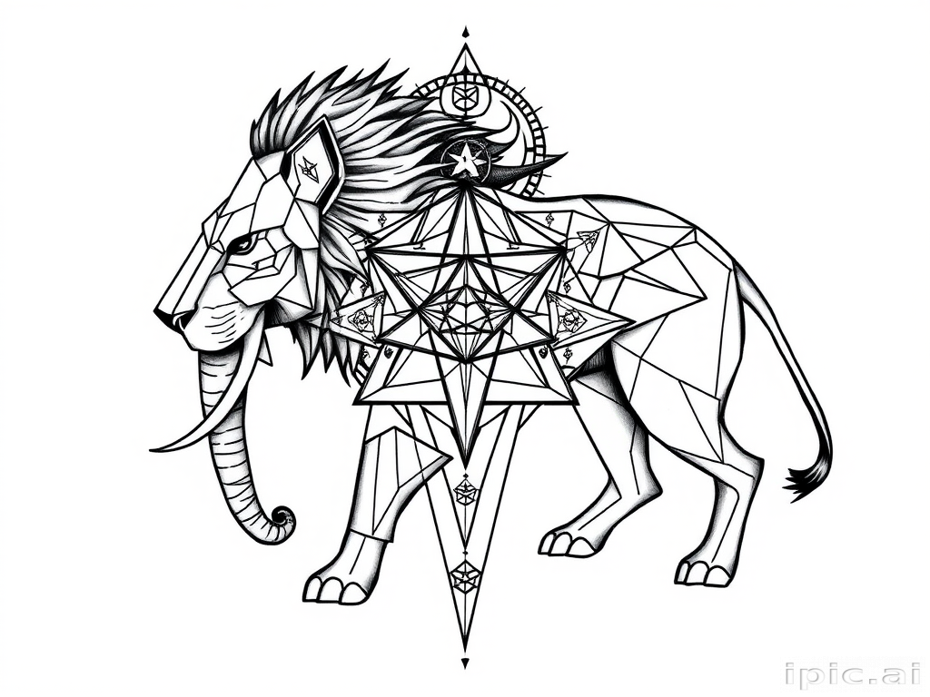 Geometric animal tattoo, "Sacred Geometry Beast," combining sharp lines and perfect shapes to form a majestic animal like a lion or elephant, incorporating sacred geometry patterns and symbols within the design, ideal for a large-scale back or chest piece