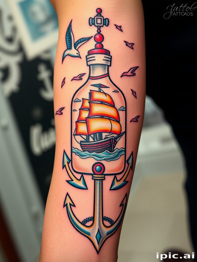 Vintage sailor tattoo titled "Nautical Nostalgia" reimagining classic maritime motifs with a modern twist, featuring a ship in a bottle, anchors, and swallows rendered in bold lines and vibrant colors, perfect for traditional arm or chest placement