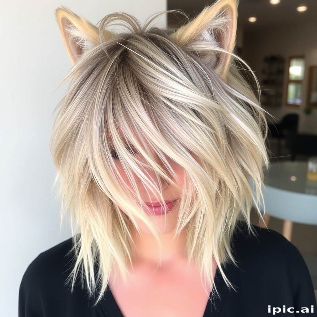 Chic ash blonde wolf cut with choppy layers and curtain bangs, styled in a messy bedhead texture for an effortlessly cool and trendy appearance