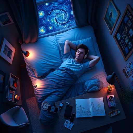 A top-down Van Gogh-style painting of a young man lying on his bed, listening to music with headphones. The room is softly lit with deep blues and purples, creating a peaceful nighttime atmosphere. The bed has a soft pillow, and the man's arms are resting behind his head. Around the bed, various glowing gadgets such as a smartphone, a laptop, and a small lamp are visible, casting a gentle light. The rest of the bedroom includes a desk with books, a chair, and a small rug on the floor. A window near the bed reveals a starry night sky with swirling stars, reminiscent of Van Gogh's 'Starry Night.' On the desk, there is a sketchbook with colorful drawings, a cup of coffee steaming gently, and a small potted plant. The walls have posters of famous paintings and a corkboard with pinned notes and photos. The scene is full of dynamic, swirling brushstrokes, capturing the essence of Van Gogh's unique style. The overall mood is serene and contemplative, with a touch of artistic inspiration.