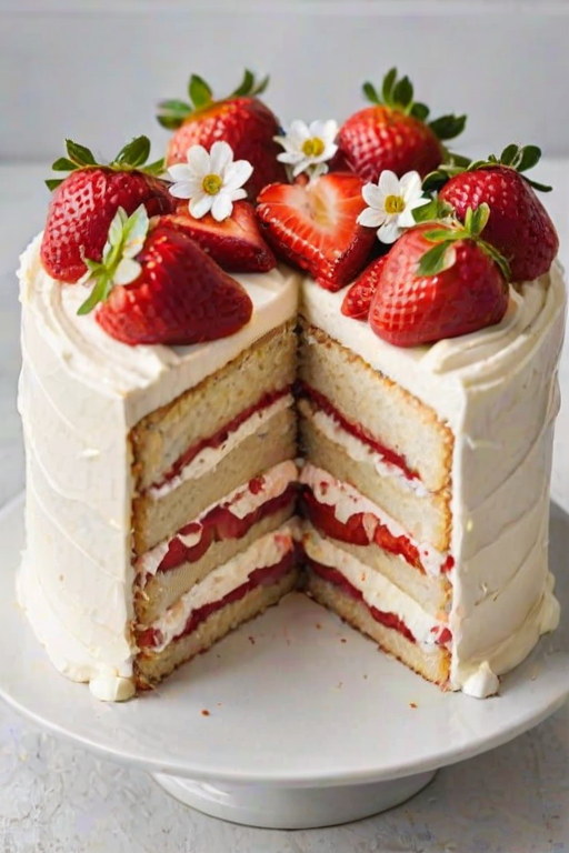 Create an image of a beautifully layered vanilla cake with fresh strawberries and whipped cream frosting. The cake should have multiple layers, showcasing a filling of strawberries between the layers. Top the cake with a generous amount of whole strawberries and small white flowers for decoration. Display the cake on a white plate with a slice removed to reveal the layers inside.
