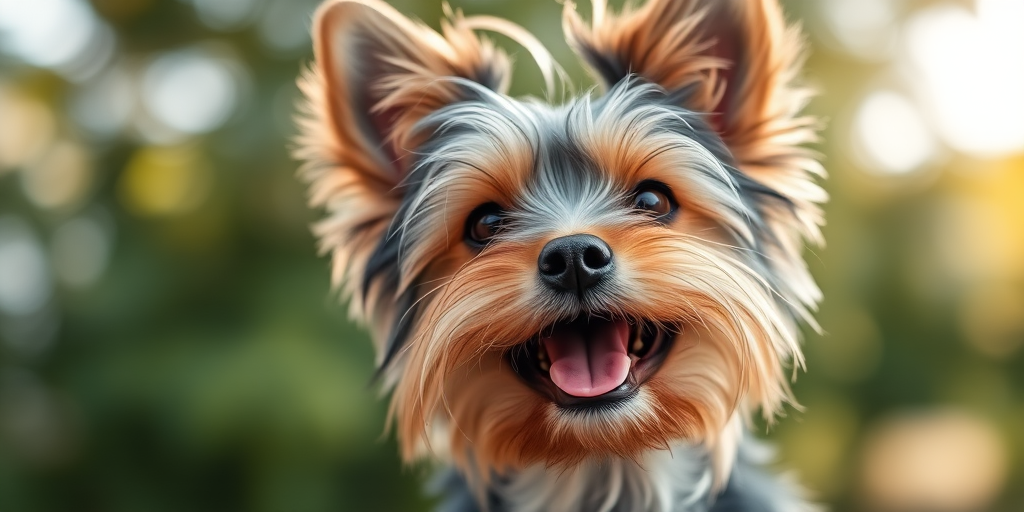 capture a close-up portrait of a happy Yorkshire Terrier with a blurred natural background, using a DSLR camera with a 50mm lens, aperture f/1.8, ISO 200, 1/500 shutter speed, soft natural lighting, and a shallow depth of field to enhance fur texture and vivid colors