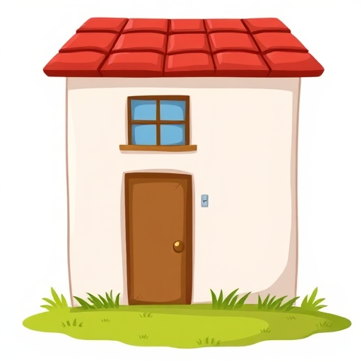 Illustration of a simple cartoon house with a red roof, one window, and a brown door, with a grassy area below, high resolution, 35mm lens, f/8 aperture, 1/100 sec shutter speed, soft natural lighting, digital format, vibrant colors.