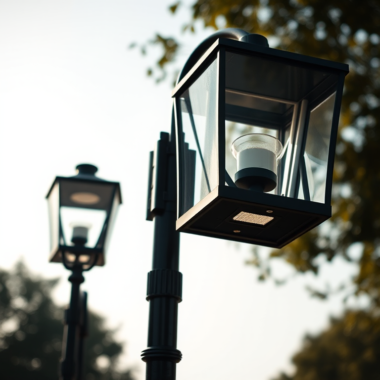 Create an image of two street lamps with a modern design, captured with a Canon EOS R5 at f/8, ISO 100, and a shutter speed of 1/125 second, using a wide-angle lens to enhance the clarity and detail of the lamps against a soft gradient background in natural light.