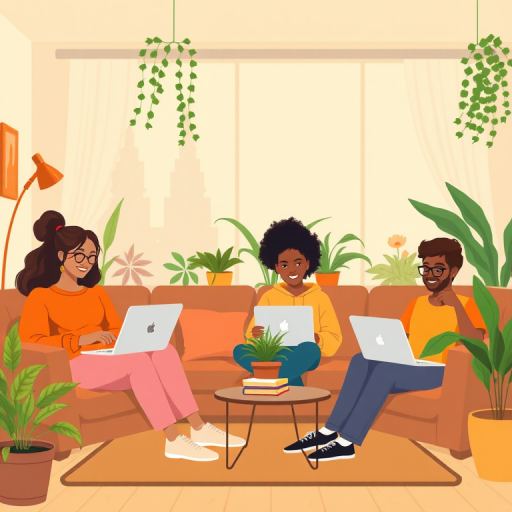 Create an illustration of four diverse individuals working on laptops in cozy indoor settings, with a focus on varying poses and environments; use vibrant colors; settings include a cozy living room with plants, bright lighting; camera settings: ISO 100, f/4, 1/60s; camera view: wide angle; camera style: digital illustration; camera type: vector art.