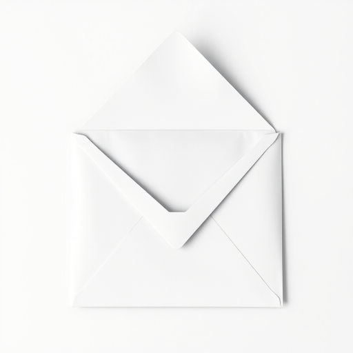Create a minimalist black and white illustration of an envelope, using a 50mm lens at f/2.8 aperture, shot from a top-down view with a digital camera in high resolution.