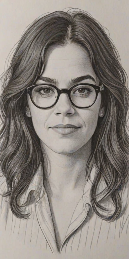 Sublime Abbi Jacobson, pencil sketch, portrait of Splendid woman 1980s in glasses, hair style beatnik, outline, clear lines, fine lines, 8k