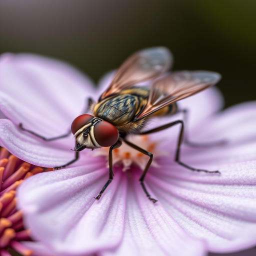 macro shot of a fly resting on a flower with detailed textures, f/8 aperture, 1/200 sec shutter speed, ISO 100, 100mm lens, soft natural lighting, taken with a DSLR camera.