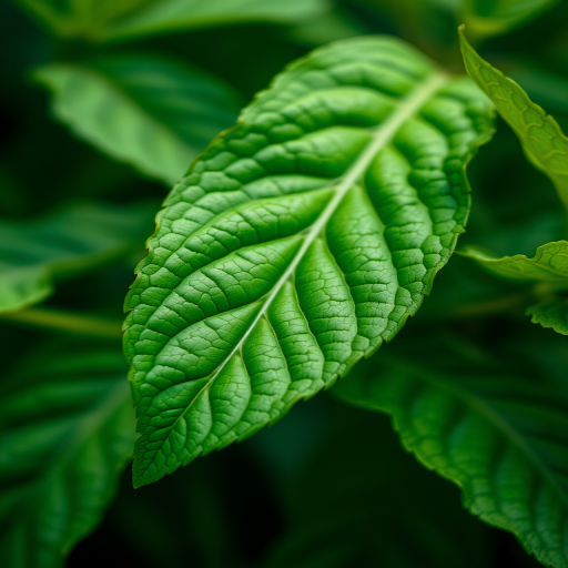 Close-up of vibrant green leaves with detailed textures and veins, shot with a DSLR camera at f/2.8, 100mm lens, ISO 200, natural light, shallow depth of field, soft bokeh background.