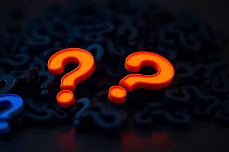 Generate an image of a dark pile of 3D question marks with two illuminated question marks in orange and blue, using a DSLR camera with a 50mm lens, aperture set to f/1.8, ISO 200, and a shallow depth of field for a soft background blur.