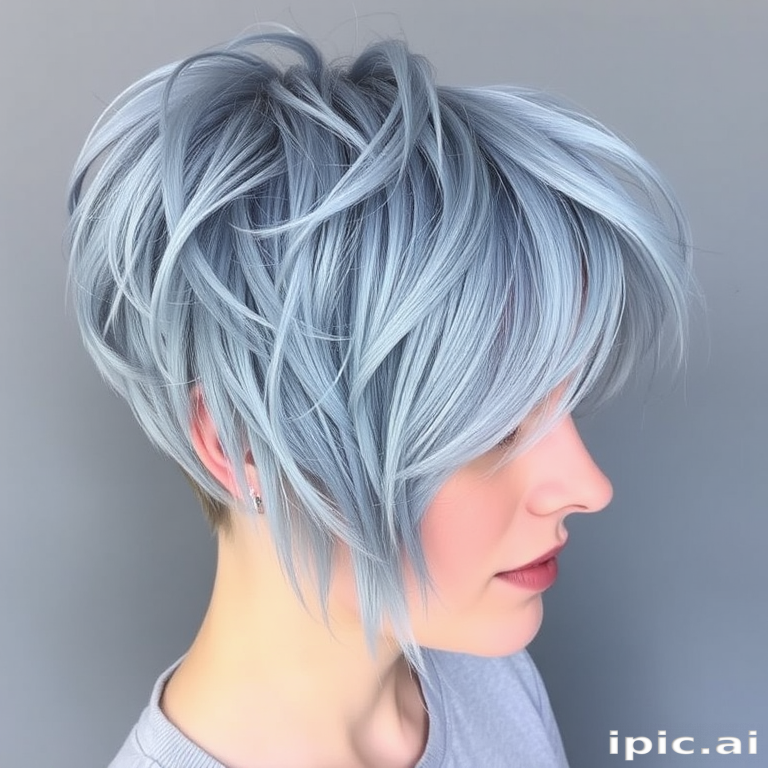 Dusty blue textured crop, expertly shaped by "Cloud Nine" stylists, showcasing a short, piecey cut with lots of volume on top, gradually fading to a pale, sky blue at the ends, creating a soft, dreamy look reminiscent of a hazy summer sky.