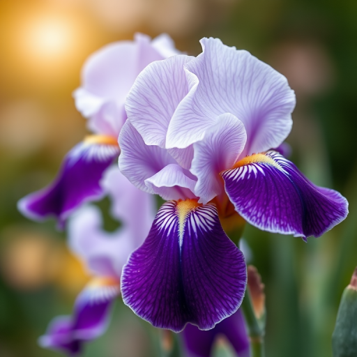 Capture a high-resolution image of purple and white iris flowers with a soft-focus background, using a DSLR camera at f/4.0 aperture, ISO 200, and a shutter speed of 1/250s, in macro view to highlight the intricate details of the petals.