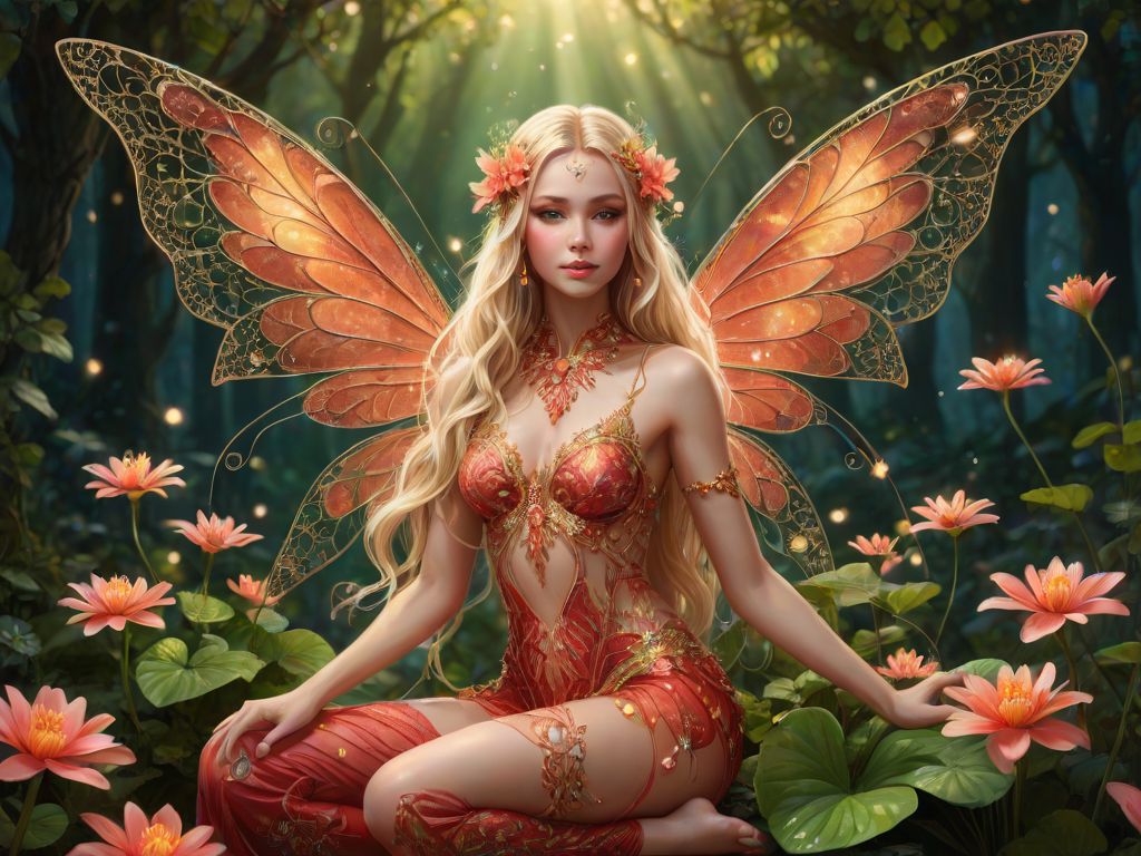 A digital artwork features a winged fairy with delicate Coral butterfly wings, adorned with intricate Meadow andNeon patterns. She is seated on a vibrant Shamrock flower, wearing a revealing red two-piece outfit with sparkling beadwork. Her fair skin, long blonde hair, and gold jewelry add to her ethereal appearance. The background is a warm, golden gradient, creating a magical atmosphere. Small glowing orbs and sparkles surround the flower, enhancing the enchanting, highly detailed, and realistic scene.