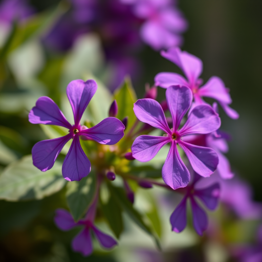 a close-up of vibrant purple flowers with green leaves in the background, soft bokeh effect, shallow depth of field, shot with a Canon EOS 5D Mark IV, 50mm lens at f/1.8, ISO 100, natural lighting