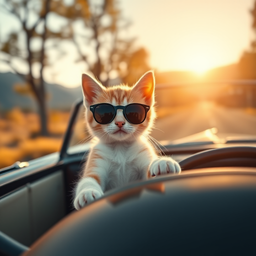 Cute kitten wearing sunglasses driving a classic convertible car on a sunny road with trees and mountains in the background, captured with a DSLR camera at f/2.8 aperture, ISO 100, 50mm lens, soft focus for a dreamy effect, golden hour lighting for vibrant colors.