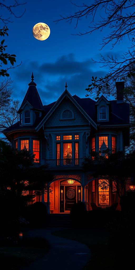 A beautifully detailed Victorian house illuminated at dusk with soft warm lights, surrounded by lush gardens and silhouetted trees, twilight sky with hints of stars and a full moon, captured with a DSLR camera at f/2.8, ISO 800, 24mm lens, HDR imaging for enhanced colors and clarity.