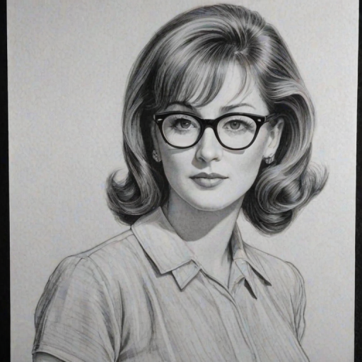 Charming Patricia Richardson, pencil sketch, portrait of Sublime woman 1939s in glasses, hair style beatnik, outline, clear lines, fine lines, 8k