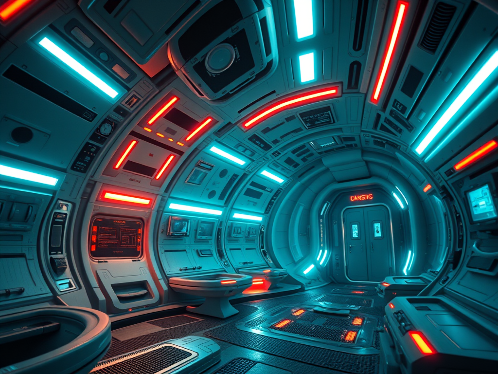 futuristic spaceship scene with neon lights, shot with a Canon EOS R5 at f/1.8, 1/100s, ISO 200, wide-angle view, cinematic style, high dynamic range.