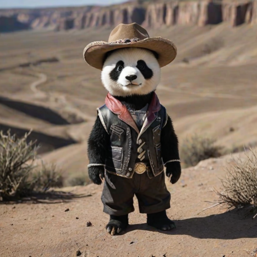 The image is a high-resolution photograph of a charming panda named Huahua, depicted standing in a rugged, dusty landscape reminiscent of the American Wild West. Huahua has her distinctive black and white fur, and she is dressed in classic cowboy attire, complete with a wide-brimmed hat, leather vest, bandana, and sturdy boots. The outfit is detailed with fringe and decorative stitching, giving Huahua an authentic Western look.