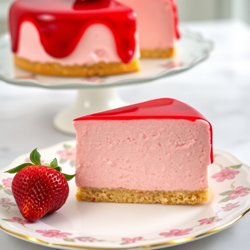 A slice of strawberry mousse cake on a decorative plate with a whole strawberry beside it and a blurred background of the cake on a stand. The cake has a smooth pink mousse layer and a glossy red jelly topping.