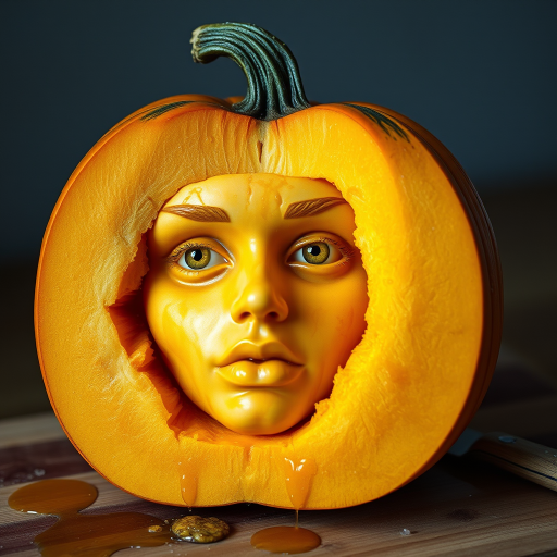 A hyperdetailed photorealistic macro color saturated high resolution image of a pumpkin cut in half, with the pumpkin pit being a highly detailed sculpted woman's face with her eyes open and pumpkin-colored irises. The face has a marble texture. The image includes condensation, moisture, and pumpkin juice. The pumpkin is on a wooden cutting board with a small fruit knife nearby, also covered with juice.