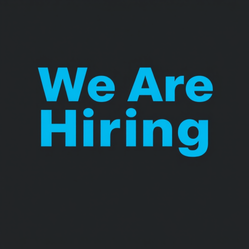 Create an image featuring the text We Are Hiring in bold blue letters against a dark gray background, surrounded by simple outlined silhouettes of people, captured with a DSLR camera at f/8 aperture, 50mm lens, 1/125 shutter speed, shot from a straight-on perspective for clarity and emphasis.